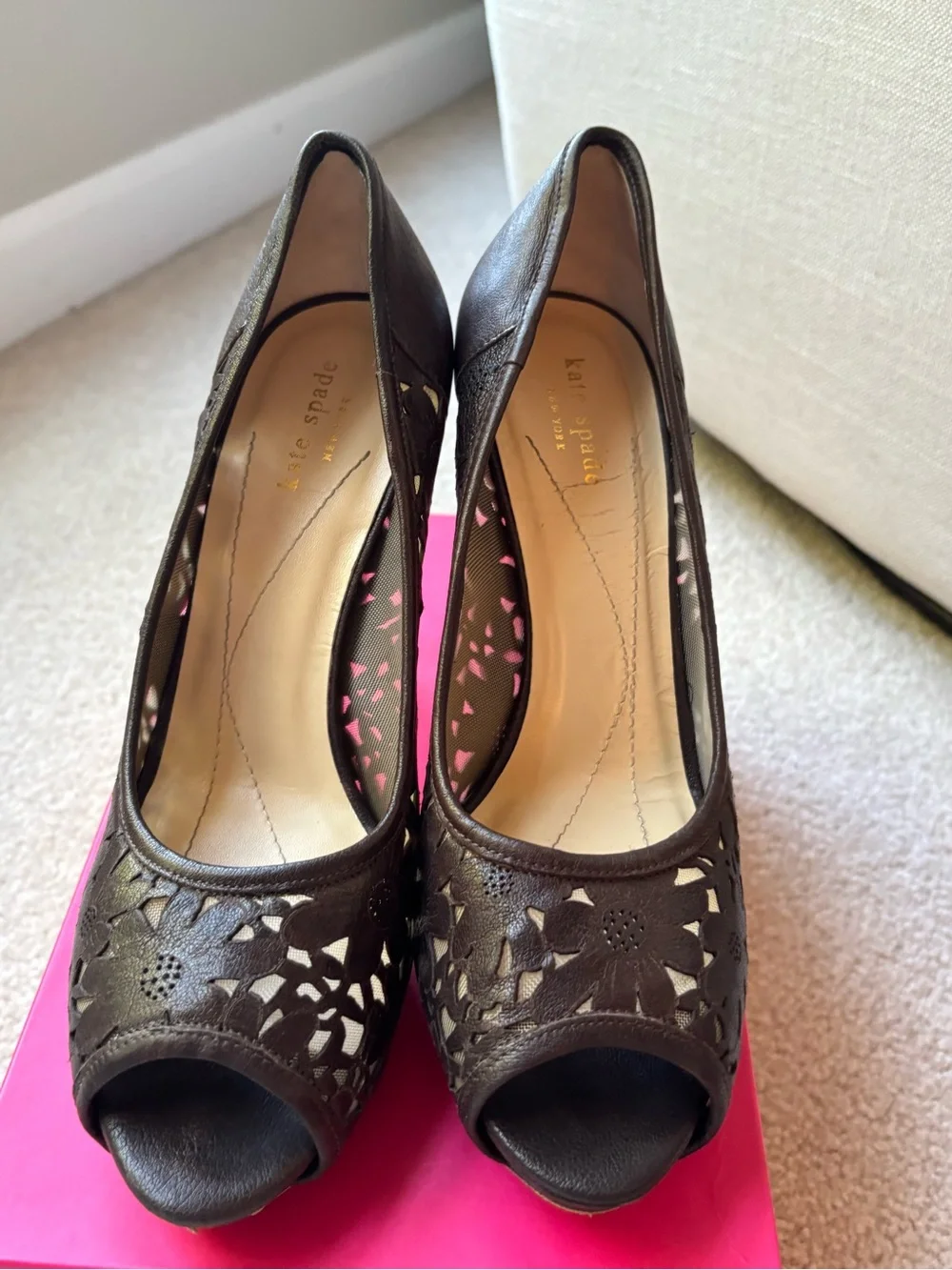 Kate Spade Women's Dark Brown Peep-Toe Laser-Cut High Heels